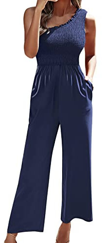 QWUVEDS Jumpsuit Festlich Damen Frauen-Sommer-One-Shoulder-Overall mit Taschen, gesmokt, hohe Taille, Fester, lässiger, lockerer Overall Jumpsuit Unisex