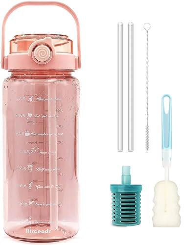 Filter Water Bottle 1.5L / 49oz,Pink Fitness Hydration Bottles with Straw & Time Marker &1 Filter(Ramdon Color), Leak Proof Sports Water jug with Handle -BPA Free-For Yoga, Gym, Office (Pink)