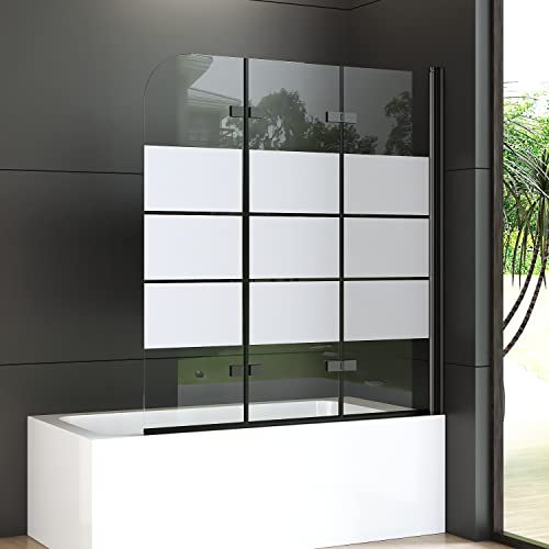 Duschwand für Badewanne 120x140cm 3-teilig Glas Faltbar Gestreift Duschabtrennung, Schwarz Badewannen Badewannenaufsatz Duschtrennwand, Klappbar Badewannenwand mit 6mm Sicherheitsglas
