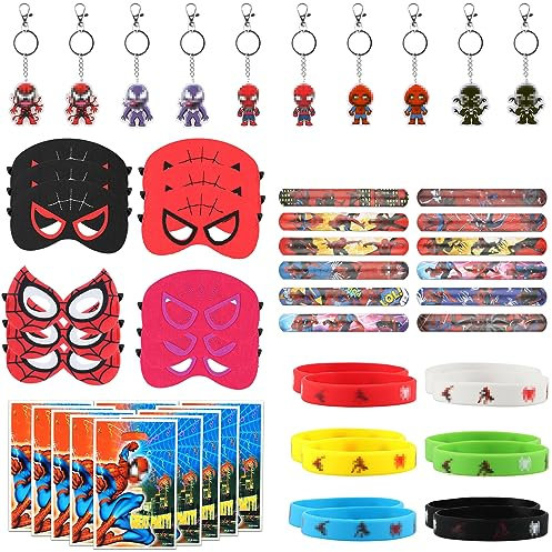 EKKONG 56PCS Spider Party Mitgebsel, Spider Spielzeug Set Enthält 10 Geschenktüten, 10 Schlüsselanhänger, 12 Silicone Bracelet, 12 Schnapparmband, 12 Filzmaske, Spider Geburtstagsdeko Kinder