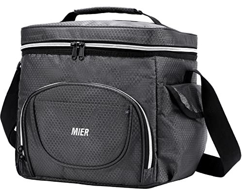 MIER Lonchera grande para hombres y adultos, lonchera térmica con correa para el hombro, a prueba de fugas, con múltiples bolsillos para el trabajo, picnic, viajes, camping (gris, 15 L)