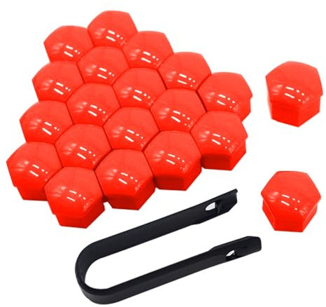 QitinDasen 20 Piezas 17 mm Coche Rueda Tuerca Cubiertas, Tapa de Perno de Tuerca de Rueda de Coche Universal, Tapa de Tuerca de Neumático Hexagonal con Herramienta de Extracción (Rojo)