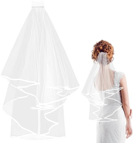 Andibro Kurzer Hochzeits Brautschleier mit Kamm, 2 stufiger Tüll Brautschleier eleganter Ellbogenlängen Hochzeitsschleier Band Blumenmädchen Schleier