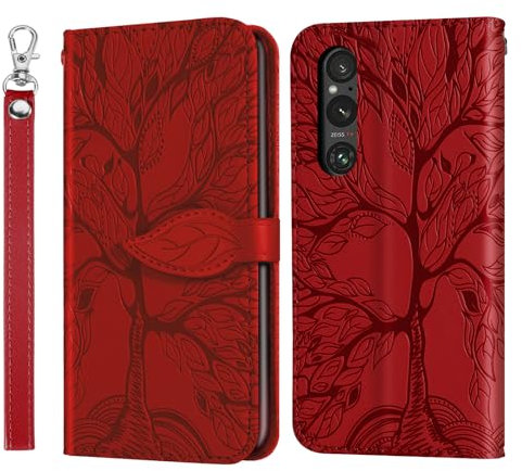 Rostsant Coque Sony Xperia 1 V 2023 - Étui à Rabat en Cuir PU Avec Arbre en Relief, Fermeture Magnétique et Portefeuille - Rouge