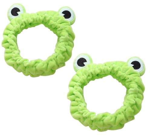 Angelkiss Lustiges Frosch-Make-up-Stirnband, breite Krempe aus korallenfarbenem Fleece, elastisch und flauschig für Dusche, Hautpflege und Sport. 2er Pack.