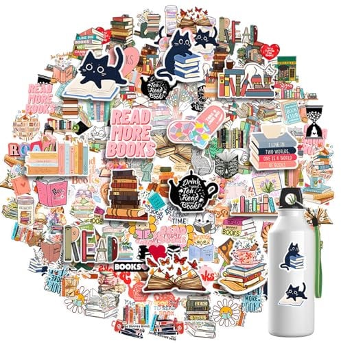 Amabro 100 Stück Buchaufkleber Leseaufkleber, Bookish Katze Bücherwurm Wasserflaschen Aufkleber niedliche wasserfeste Vinyl Aufkleber Kawaii Kätzchen für Laptops Buchliebhaber Scrapbook Zubehör