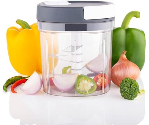 Grey Manual Pull String Chopper, Handy Chopper with 5 Blades for Chopping Vegetables, Fruits, Onions, Garlic, Meat, Nuts - Stainless Steel Removable Blades, Hand Manual Food Processor 1000ml