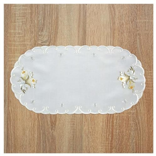 DSD Design-Studio Drechsler Besticktes Deckchen Frühlingsgruß aus Echter Plauener Spitze Tischdecke oval mit Krokussen und Schmetterlingen 45 x 22 cm