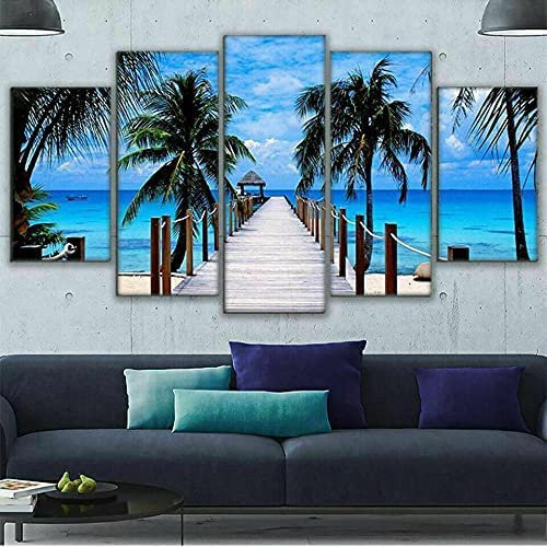 Tableau Multi Panneau 5 Parties Plage Palmiers Pont 150 X 80 Cm / 59,05 X 39,37 Pouces Tableau Imprimé Xxl Tableau Imprimé Sur Toile Tableau Deco Impression Sur Toile Intissee 5 Parties Tab -3S4E/Z6C3
