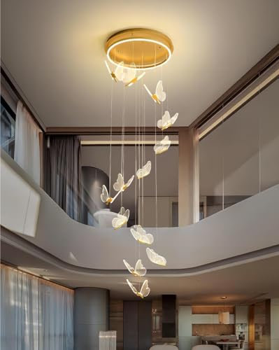 LYSDjia Kronleuchter LED für Eingangsbereich Wohnzimmer Hohe Decke Hängeleuchte Acryl Schmetterling Große Pendelleuchten Beleuchtungskörper Moderne Esszimmer Flur Treppenbeleuchtung Dimmbare Deckenleu