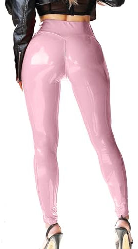 Mstaad Lack-Leggings aus Kunstleder für Damen, hohe Taille, Po, Lifting, Lack, Kunstleder, Latex, glänzende Hose, Konzert-Outfits, Rosa (Crystal Pink), S