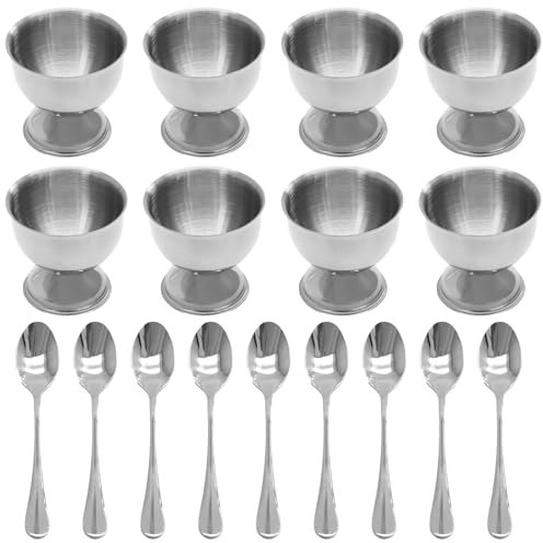 Bonsicoky Silver Egg Cups and Spoons Set of 8 - Stainless Steel Egg Holder with Spoons - Egg Tray Kitchen Tool for Soft & Hard Boiled Eggs