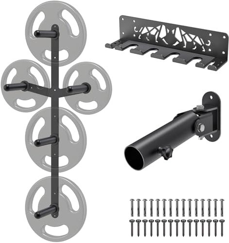 Kipika Gym Organizer Set Wall Mounted Weight Plate Storage Rack (3-Peg and 2-Weight Wing) Barbell Storage Rack with T-Bar Row Landmine Platform Attachment Durable Steel Construction Easy Installation