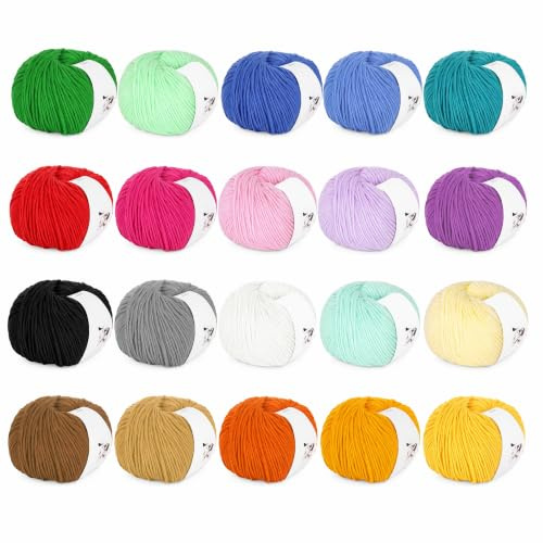Reessy Crochet Yarn, 20×50g Multicoloured Double Knitting Wool for Crochet | 55% Cotton 45% Acrylic Yarn #3DK (Light), Soft Milk Cotton Yarn for Knitting Colorful Craft, Ideal Crochet Starter Yarn Kit