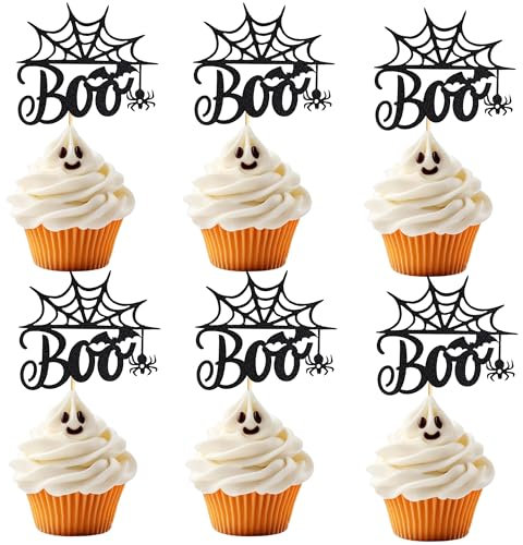 Arthsdite 24pcs Halloween Boo Cupcake Toppers Spider Web Bat Cupcake Picks for Halloween Boo Theme Baby Shower Birthday Party Cake Decorations Supplies
