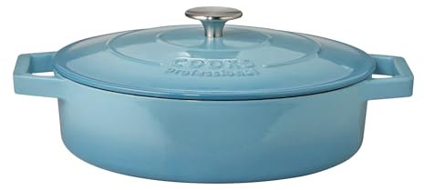 Cooks Professional 28cm Cast Iron Shallow Casserole Dish 4.3L with Lid & Handles | Colourful Modern Enamelled Cooking Pan Pot | Suitable For All Hobs Inc Induction | Oven & Grill Safe | Blue