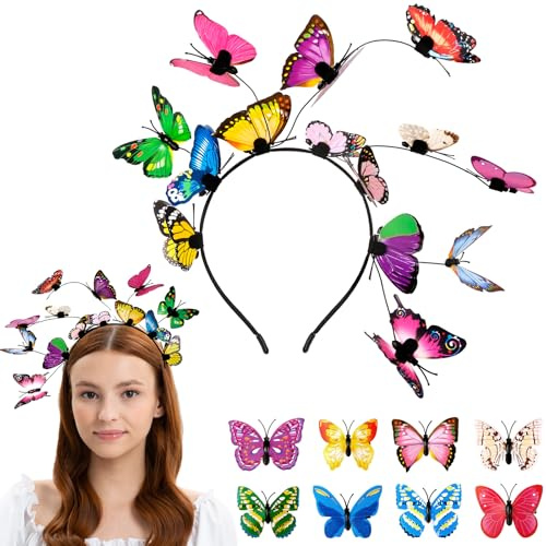 9PCS Schmetterling Haarreif Set, Schmetterlings Stirnbänder mit 8 Stücke Schmetterling Haarspangen Haarschmuck für Damen, Kinder Schmetterlingsfühler Kopfschmuck, Damen Haarreif für Karneval
