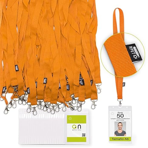 Lot de 50 porte-badges A6 format A6 recyclé - Porte-badge transparent avec cordon en matériau recyclé (Orange)