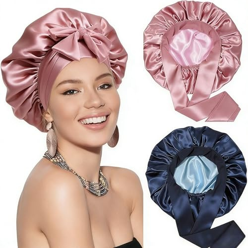 Mütze mit Seidenfutter,2-teilige Doppellagige Schlafhaube Seide mit Bändern,Haarhaube,Bonet, Wendbare Satin Nachttischhaube,Weiche und Bequeme Satin Haarhaube für Frauen und Mädchen (blau + rosa)