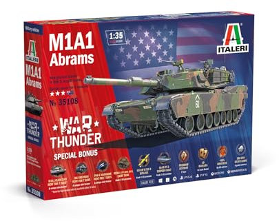 Italeri 35108 1:35 M1A1 Abrams War Thunder - originalgetreue Nachbildung, Modellbau, Plastik Bausatz, Basteln, Hobby, Kleben, Modellbausatz, Zusammenbauen, unlackiert, Militär