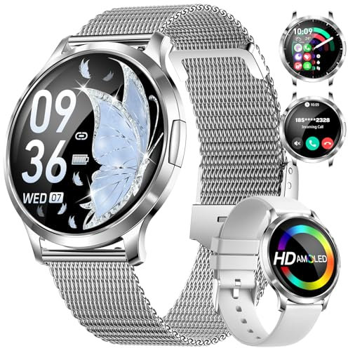 LIGE Smartwatch Damen mit Telefonfunktion-2 Armbands, 1.32 Amoled Fitnessuhr mit Herzfrequenz Schlafmonitor/Menstruationszyklus, 110+Sportmodi & IP68 Wasserdicht für Android iOS,Silber
