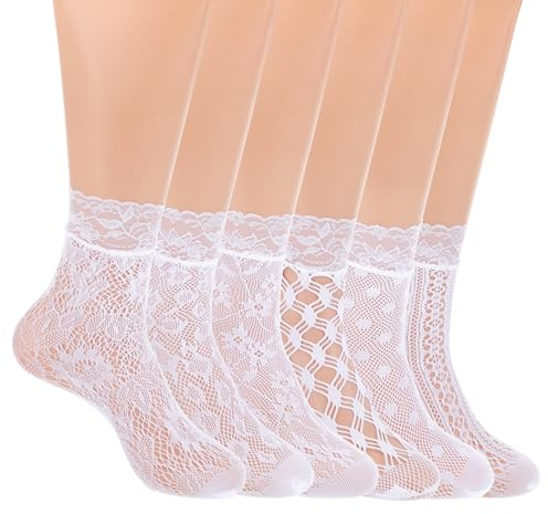 GEEHUA 6 Pairs White/Black Lace Socks, Elegent Mesh Fishnet Ankle Socks Sexy Hollow Mesh Lace Sock for Women Girls