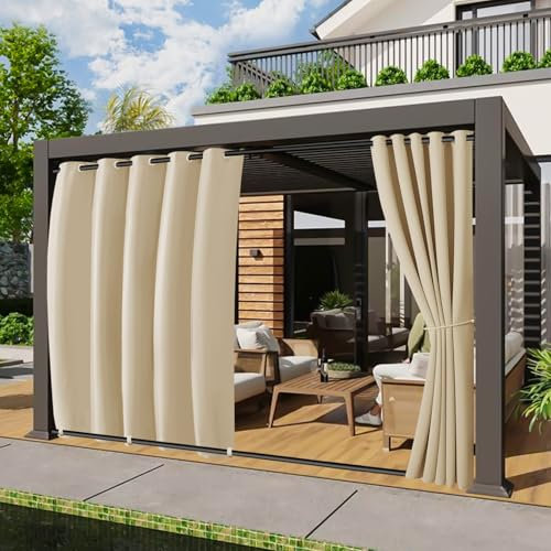2er Set Outdoor Vorhang Wetterfest, Breit B180xH213cm Windschutz Outdoorvorhänge mit ösen Oben und Zugring unten, Große Größe Outdoor Gardinen Sonnenschutz für Balkon Pergola Terrasse (Beige)