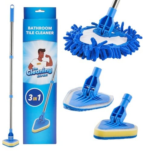 The Cleaning Expert 3-in-1 Bathroom Tile Cleaner Set with Extendable Handle - Multi-Surface Scrubbing Kit for Tiles, Baths, Shower Walls & Floors - Interchangeable Microfibre, Chenille & Sponge Pads