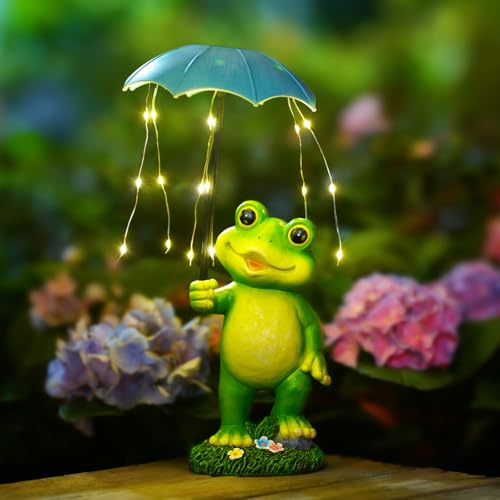 Frosch Deko mit Regenschirm Solar Lichterkette Gartendeko für Draußen Grün