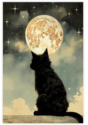XFATGIA Poster sur toile représentant la pleine lune et chat noir - Décoration murale pour salon, chambre à coucher - 40 x 60 cm