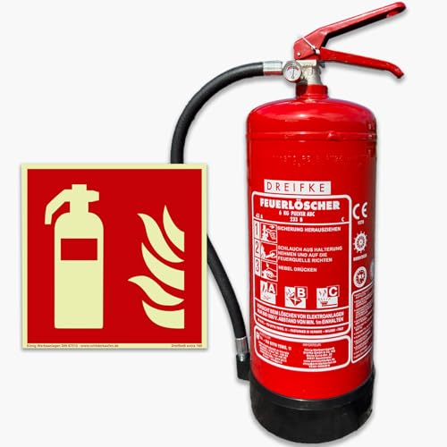 Pulver Feuerlöscher 6kg und Schild | Geeignet für die Brandklassen ABC | 43A 233B C | 12 Löscheinheiten (LE) | Gemäß DIN EN 3-7 | mit Wandhalterung und Schild