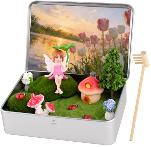 Zen Garden Kit for Desk Decor, Mini Zen Sand Garden with Tina & 1 Rake, Green Sand & 11 Accessories, Japanese Gifts for Meditation Room Office Home (Fairy Style)