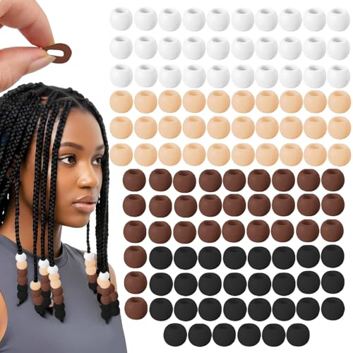 120Pcs 14mm Large Silicone Beads for Hair Braids, Soft Jellyish Hair Beads with 7mm Hole + 50 Rubber Bands and 1 Beader for Braiding, DIY Bracelets Necklaces Crafts(Brown)