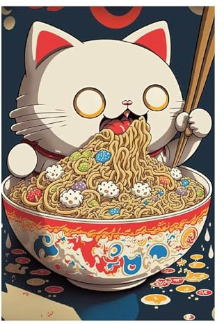 POLIUAWS Kit de peinture diamant « Chat mangeant des ramen », kit de loisirs créatifs et de peinture diamant à faire soi-même, cadeau d'anniversaire pour adultes et filles, 20 x 30 cm.