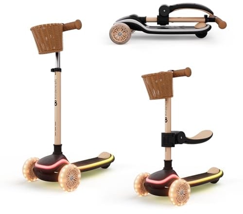 Kinderkraft RAKET UP 2-in-1 Scooter mit Sitz, LED Trittbrett, RGB Rollen, Klappbar, Leichtlaufrollen, Lenker 4-Fach Verstellbar, Ziehbar wie Koffer, Für Kinder, Beige