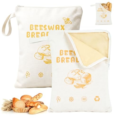 2 Pack Beeswax Bread Bags with Zip, Bread Storage Bags for Homemade Bread | Cotton Linen & Natural Beeswax Lining, For homemade sourdough, Artisan loaf storage,Reusable kitchen bag, Keeps bread fresh