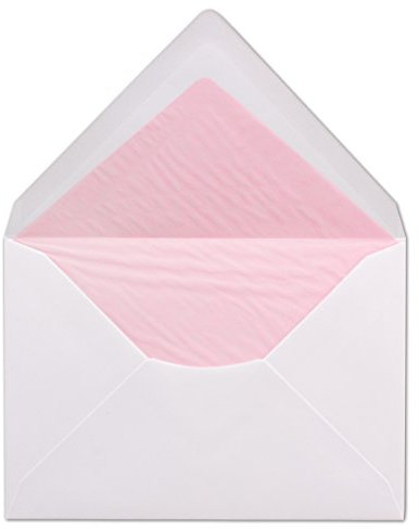 50 DIN C6 Briefumschläge - Weiß gefüttert mit rosanem Seidenpapier - 11,4 x 16,2 cm - 100 g/m² Nassklebung Brief-Hüllen ohne Fenster von Ihrem Glüxx-Agent