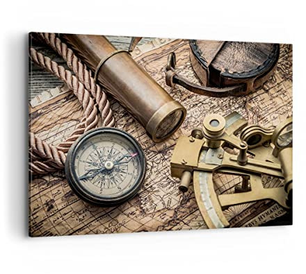 ARTTOR Leinwandbild 100x70cm Wandbild Weltkarte Maritim - 3730 | Kompass Karte Groß Wanddekoration Wohnzimmer Schlafzimmer Küche Wanddeko Wand Kunstdruck Wandkunst Wall Decor ARTTOR