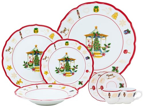 NAMAI - Servizio Piatti 6 Persone Natalizio, 2 Tazzine Caffe Con Piattino Natalizie, Piatto Panettone Natalizio 33 CM, Porcellana, Lavabili in Lavastoviglie e Microonde, Idea Regalo (Set Completo)