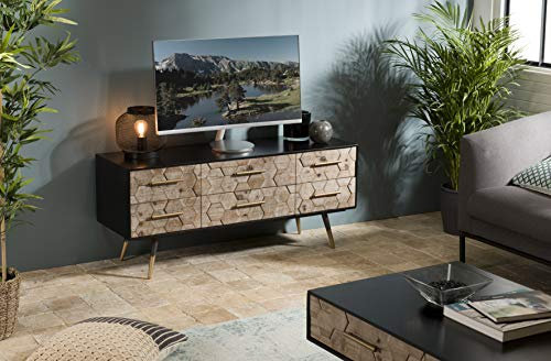 MACABANE Dorrie - Meuble TV Noir 6 tiroirs Scandi Bois Sapin marqueté Pieds métal doré