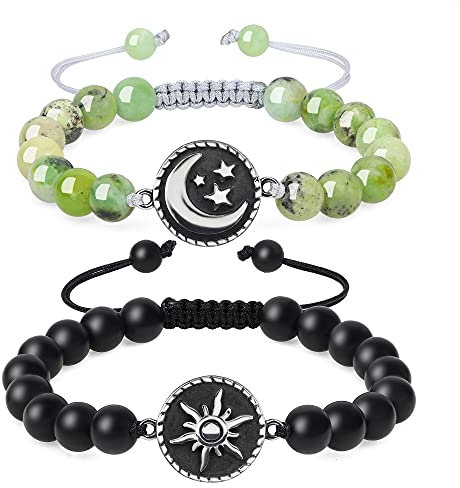 COAI Geschenkideen Partner Armbänder aus Mattem Onyx und Grünem Australischen Jade mit Sonne und Mond Charm