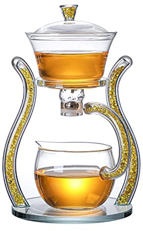 RORA Glass Teapot Set Semi Automatic Drip Rotating with Infuser Lazy Kungfu Tea pot Set (Yellow)