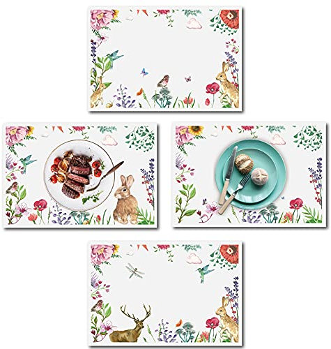 CREATCABIN Ostern Tischsets Kaninchen Tischsets Rechteck Baumwolle Leinen Geschirr Pad 4er Set Muster Sika Hirsch Waschbar Hitzebeständig rutschfest Für Esszimmer Küche Dekor Urlaub 18 x 12 Zoll