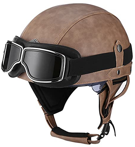 ZHEN Classic Vintage Cuir Jet Moto Casque Bols avec Visière UV Lunette, Open Face Casque Moto ECE Homologué pour Homme Et Femme Scooter Chopper Pilot Demi Casque