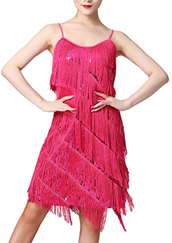 FYMNSI Robe Danse Latine Femme à Paillettes Frangée - Costume Gatsby Années 20 Sans Manche Charleston Déguisement Salon de Zumba Rumba Chacha Soirée