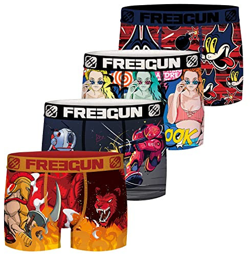 FREEGUN Comic Herren Boxershorts bunt Druck ohne Eingriff 4er Pack S M L XL XXL 92% Polyester Druck, Größe:S, Farbe:Motivmix 4