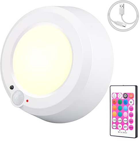 BIGMONAT Luce per doccia wireless ricaricabile tramite USB, lampada da soffitto con sensore di movimento con telecomando e timer, luce RGB per bagno, dimmerabile, luce LED a batteria per armadio,