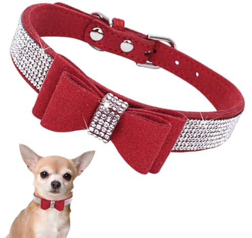 Hundehalsband Kleine Hunde Mit Fliege, Schleife Halsband Welpe Mit Strass Perlen Glitzer Kristall Steine MäDchen Halsband Katze HüNdin Strasssteinen,Rot XS