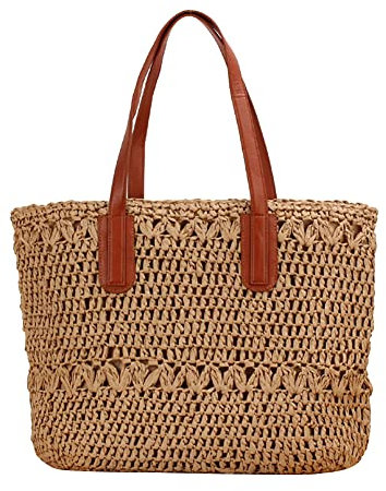 JAWSEU Stroh Strandtasche Flechttasche Strohtasche, Sommer Vintage Handgewebte Strand Stroh Handtasche, Böhmische Große Geldbörse Schultertaschen für Damenreisen und Urlaub