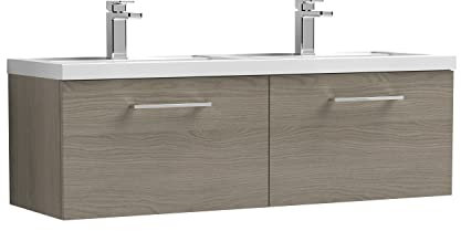 nuie Modern Bathroom Wall Hung 2 Drawer Double Vanity Unit with Twin Polymarble Basin, Solace Oak, 1200mm